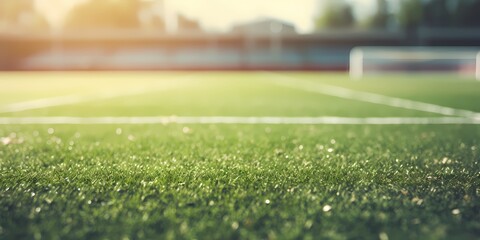 Soccer field with green grass and bokeh lights, close up - generative ai