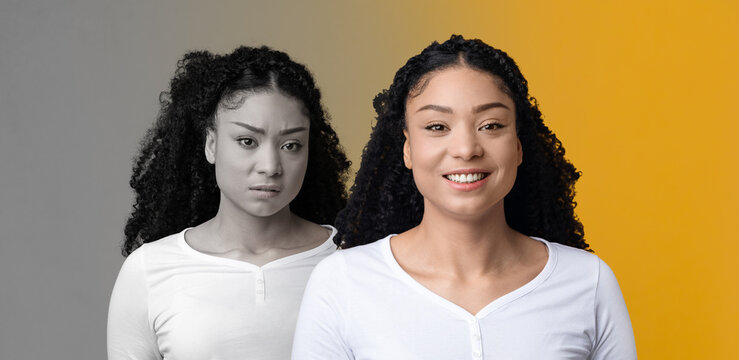 Composite image of african american woman expressing contrasting emotions