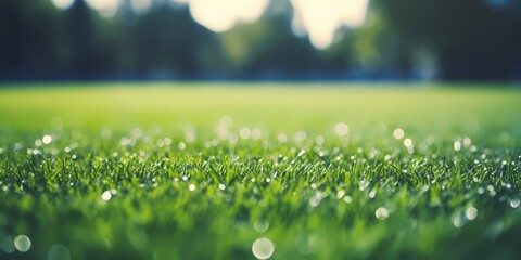 Soccer field with green grass and bokeh lights, close up - generative ai - obrazy, fototapety, plakaty