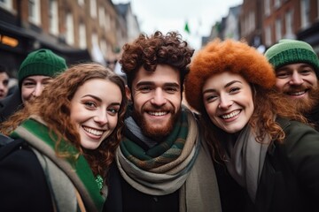 Friends celebrating St. Patrick Day, selfie, look at camera.