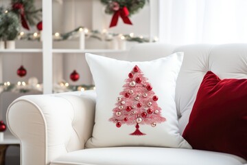 Square throw pillow mockup  on a couch in a light and bright modern farmhouse styled living room decorated for christmas