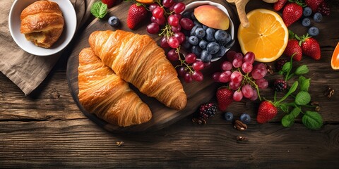 Morning Delight - A Breakfast Table adorned with an Array of Fresh Fruits, Crusty Bread, and Buttery Croissants