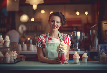 Young and happy saleswoman in apron making ice cream
