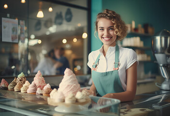 Young and happy saleswoman in apron making ice cream