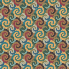 Seamless repeating pattern with multicolored spirals, vortexes, and swirls. Ethnic retro style design. Vintage colors. Geometric wavy ornament. Vector illustration.