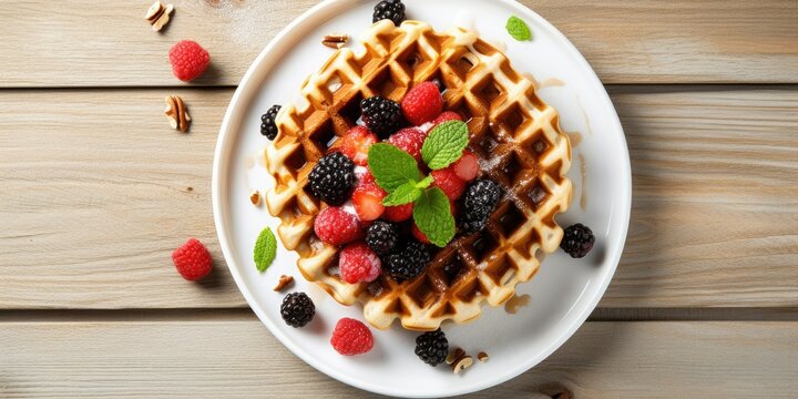 Belgian Waffle Delight - Picture the Scene of Traditional Belgian Waffles Adjacent to Dried Fruit, Nuts, and Honey, Gracing a Served Table with a Tablecloth