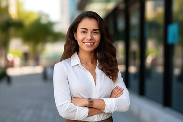 Fototapeta na wymiar Young business woman smiling confident with arms crossed on the street, looking pretty, positive, smart, professional.