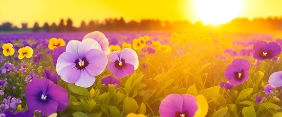 The landscape of Pansy blooms in a field, with the focus on the setting sun. Creating a warm golden hour effect during sunset and sunrise time. Pansy flowers field