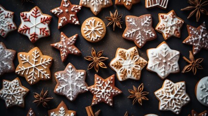  a table topped with lots of cookies covered in white frosting and star anisette snowflakes on top of each one of the cookies is surrounded by cinnamon sticks and star anisettes.