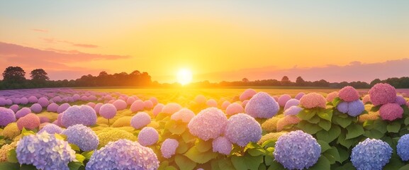 The landscape of Hydrangea blooms in a field, with the focus on the setting sun. Creating a warm golden hour effect during sunset and sunrise time. Hydrangea flowers field