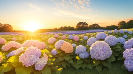 The landscape of Hydrangea blooms in a field, with the focus on the setting sun. Creating a warm golden hour effect during sunset and sunrise time. Hydrangea flowers field