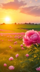 Fototapeta na wymiar The landscape of Peony blooms in a field, with the focus on the setting sun. Creating a warm golden hour effect during sunset and sunrise time. Peony flowers field