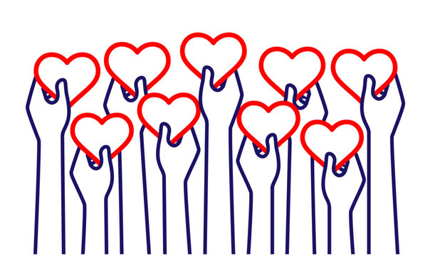 Hands Holding Hearts High Up. Vector Illustration in Line Design Style