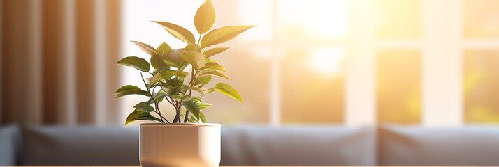 Plant in a pot on blurred living room interior background