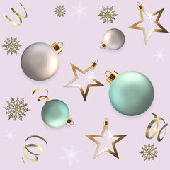 Merry Christmas Happy New Year design of Xmas pastel balls baubles, confetti, stars, over pastel pink. Elegant design for cards invitation header. 3D render
