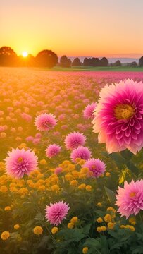 The landscape of Dahlia blooms in a field, with the focus on the setting sun. Creating a warm golden hour effect during sunset and sunrise time. Dahlia flowers field