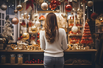 Back view of excitement woman in Shopping mall in Christmas time