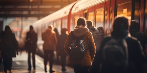 People waiting for the train at the station. Blurred image - generative ai - obrazy, fototapety, plakaty