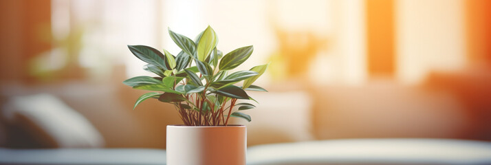 Plant in a pot on blurred living room interior background