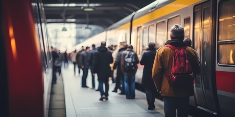 People waiting for the train at the platform of the railway station - generative ai