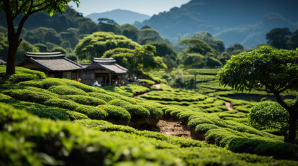 Lush green tea plantation in the mountains. Generative Ai