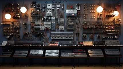 Music studio with cables and synthesizers