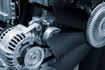 Belt drive of Diesel engine electric generator. Close up car timing belt. Belt transmission close up. industrial technology concept background