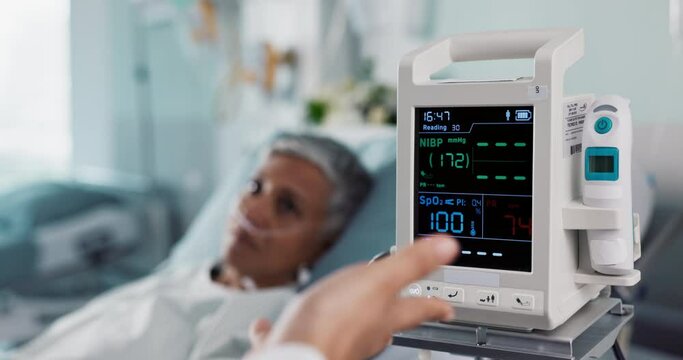 Patient, doctor and heart monitor, healthcare and help with advice, vital sign with rehabilitation in hospital. People with health numbers, screen and medical emergency, cardiology and EKG machine