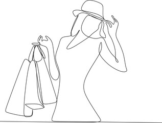Continuous line drawing of a woman holding many paper bags after shopping for personal needs. Shopping fashion, cosmetics, makeup in a large shopping center concept.