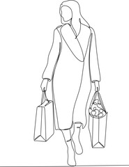 Continuous line drawing of a woman holding many paper bags after shopping for personal needs. Shopping fashion, cosmetics, makeup in a large shopping center concept.
