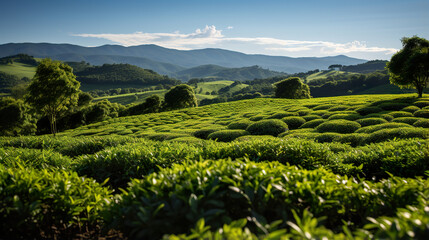 Fototapeta na wymiar Lush green tea plantation in the mountains. Generative Ai