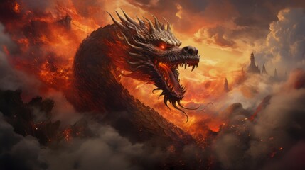  a dragon that is in the air with a lot of fire in it's mouth and it looks like it's coming out of a dragon's mouth. - obrazy, fototapety, plakaty