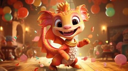  a cartoon of a dragon dancing in a room full of balloons and confetti on the floor and confetti falling from the ceiling to the floor in the air.