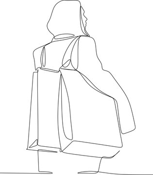 recommend clip art: Continuous line drawing of a woman holding many paper bags after shopping for personal needs. Shopping fashion, cosmetics, makeup in a large shopping center concept.