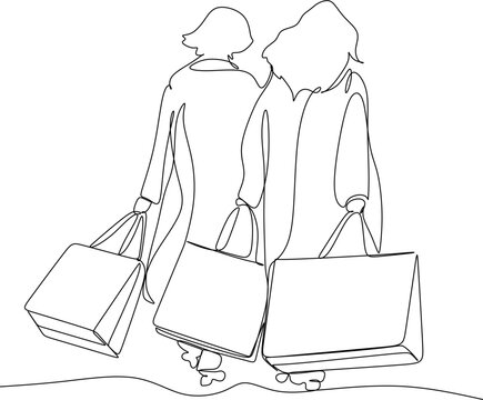 recommend clip art: Continuous line drawing of a woman holding many paper bags after shopping for personal needs. Shopping fashion, cosmetics, makeup in a large shopping center concept.