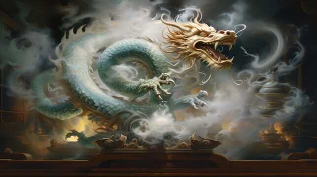  a painting of a dragon sitting on top of a table with smoke coming out of it's mouth and a skull in the middle of it's mouth.