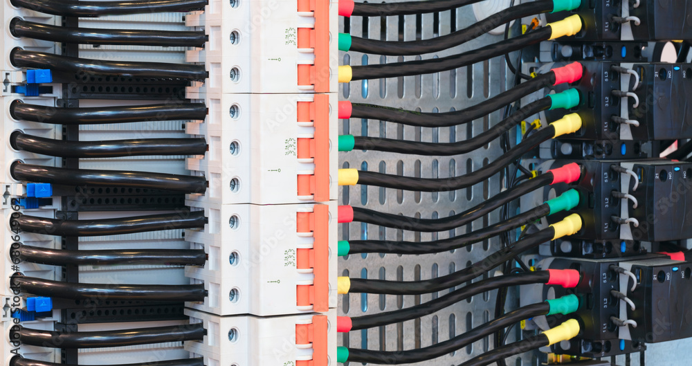 Poster box for color wires of distribution of an electricity, plc control panel with wiring, lectric contro