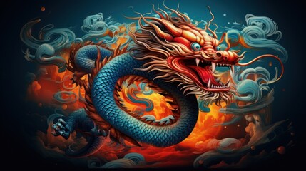  a painting of a dragon with fire coming out of it's mouth and flames coming out of it's mouth, against a dark background of clouds and a blue sky.