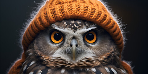 portrait of an owl,Winter Whimsy: Adorable Owl in Knitted Sweater and Hat.AI Generative 