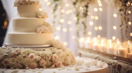 Fototapeta na wymiar a wedding cake sitting on top of a white table covered in flowers and lite up with candles in front of a curtain of white drapes with lights behind it.
