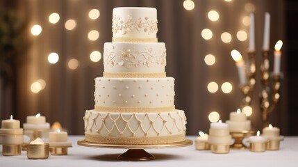  a wedding cake sitting on top of a table with lit candles in front of a wall of lights and a table cloth covered with a white table cloth with gold trim.