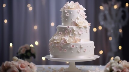  a three - tiered white wedding cake with pink flowers on a table with a backdrop of lights and boke of pink and white flowers in the foreground. - obrazy, fototapety, plakaty
