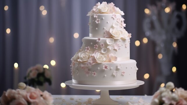  a three - tiered white wedding cake with pink flowers on a table with a backdrop of lights and boke of pink and white flowers in the foreground.