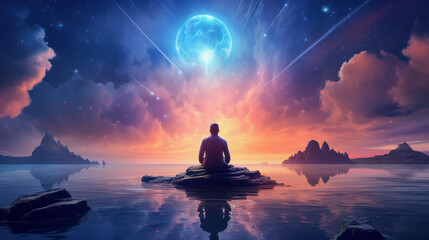 illustration of a man meditatiing in a magic landscape against a cosmic sky