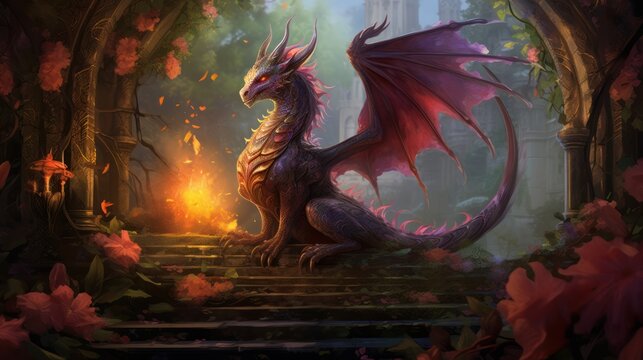  a painting of a dragon sitting on a set of steps in a forest with flowers and a lantern in the middle of the picture, with a fire in the middle of the middle of the picture.