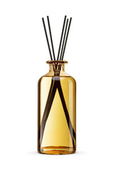 Air refresher bottle with black sticks isolated. Aroma diffuser for home. Transparent PNG image.