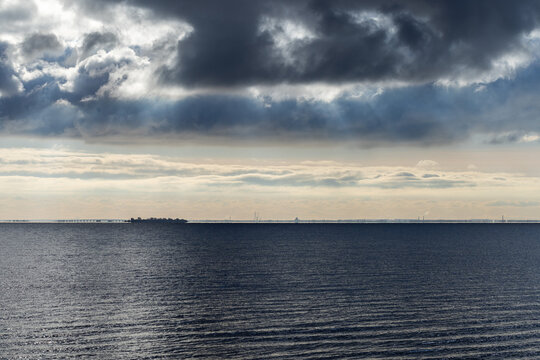 Dramatic stormy dark cloudy sky over the sea, Kotlin island