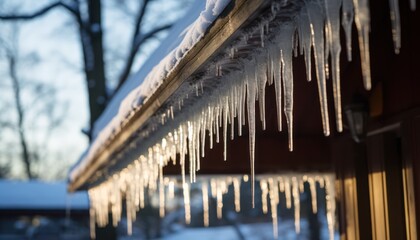 Icy Elegance: Beautiful Winter Icicles Cascading from a House Roof
