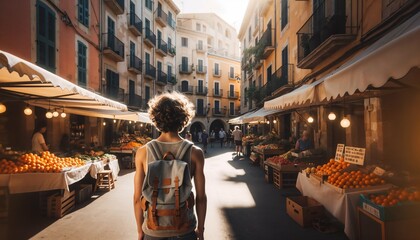 Young traveler man on a solo trip - Backpacking through the old town streets in Spain