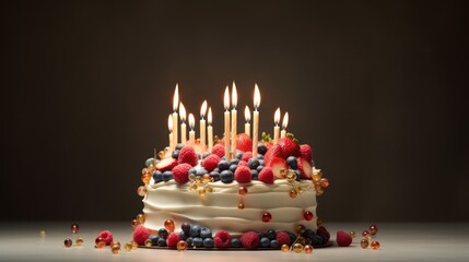  a cake with berries, raspberries, blueberries, and strawberries on it with lit candles in the middle of the cake and on a dark background.